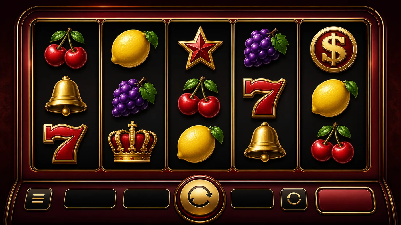 Ricostruzione editoriale della griglia Shining Crown con cinque rulli, frutta, corona, sette e Scatter