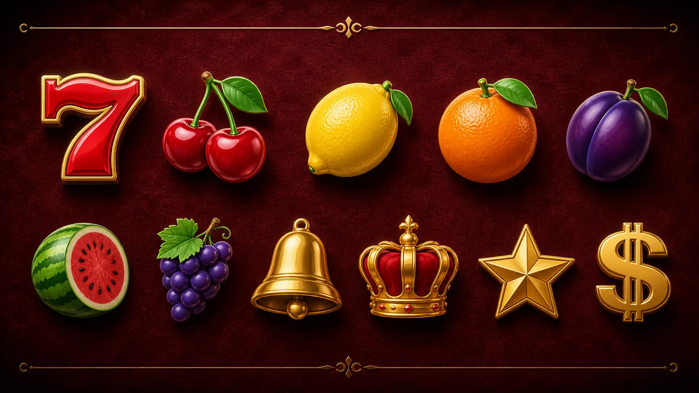 Simboli di Shining Crown: sette rosso, frutta, campana, corona, stella e dollaro